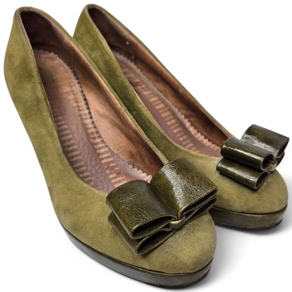 Anthropologie Miss Albright Suede Pumps Women's Bow Top Retro 50s Style 7M - Picture 1 of 8